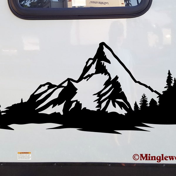 Mountain Scene with Trees Vinyl Sticker - Camper RV Travel Trailer Graphics - Die Cut Decal