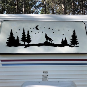 Howling Wolf Moon Scene Vinyl Decal V3 - Stars Trees RV Travel Trailer Graphics - Die Cut Sticker