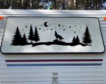 Howling Wolf Moon Scene Vinyl Decal V3 - Stars Trees RV Travel Trailer Graphics - Die Cut Sticker