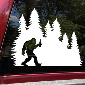 Bigfoot with Beer in Tree Line Vinyl Decal V3 | Sasquatch Pine Trees | Die Cut Sticker