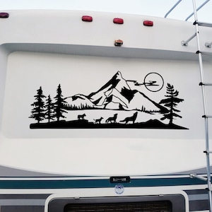 Wolf Family Mountain Moon Scene Vinyl Decal V1 - RV Graphics Camping Hiking - Die Cut Sticker