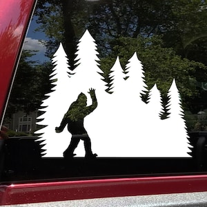 Bigfoot Waving Hello in Tree Line Vinyl Decal V3 | Sasquatch Pine Trees | Die Cut Sticker
