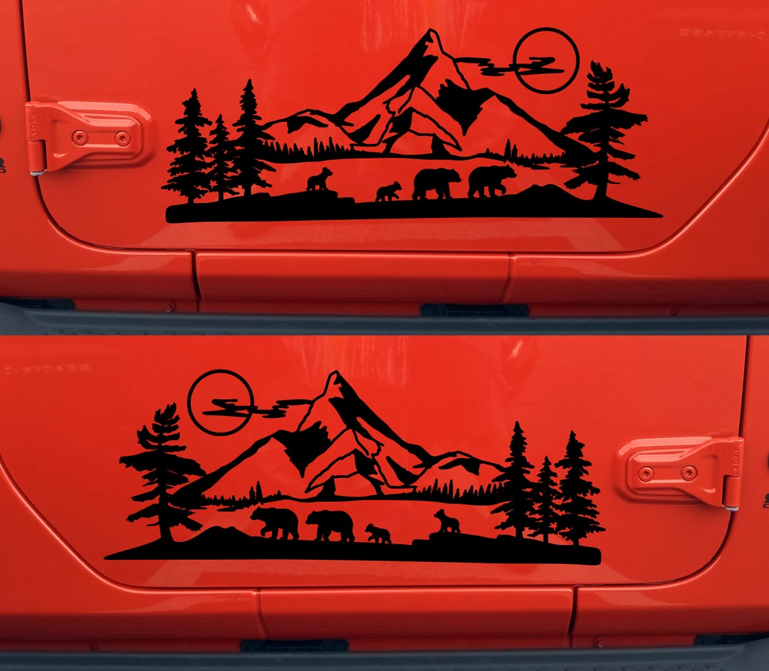 Pair Mirrored Bear Family Moon Mountain Scene V3 Vinyl Decals - RV ...