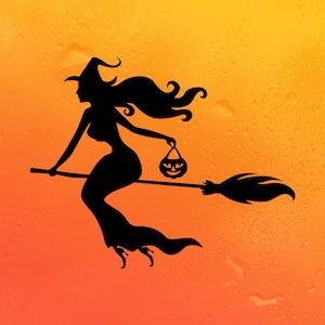 Witch On Broomstick Vinyl Decal Halloween Decoration V6 | Custom Color/Size Sticker For Cars Walls Windows and More