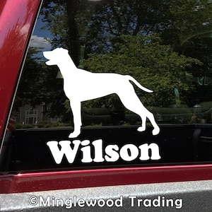 May include: White silhouette of a dog with the name "Wilson" written below it. The silhouette is on a black background.