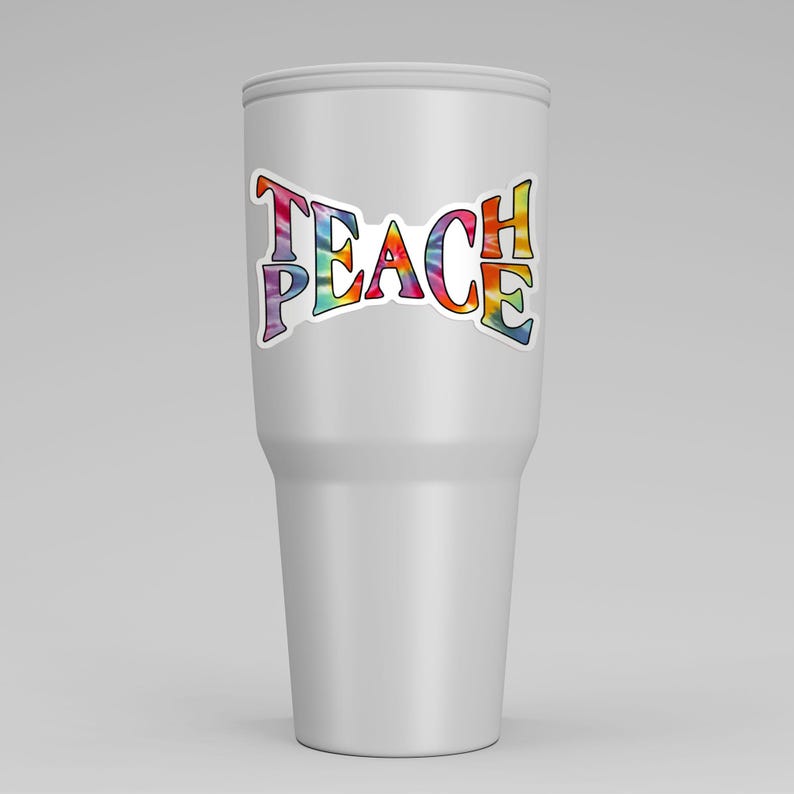 A tumbler decorated with a Teach Peace sticker, illustrating its adaptability and appeal for everyday use.