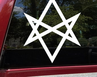 May include: White vinyl sticker of a six-pointed star with an overlapping design. The star is on a black background.