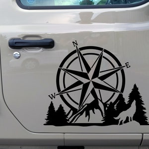 Compass Howling Wolf Mountain Forest Scene V2 - Camping RV Graphics Scenery - Die Cut Sticker