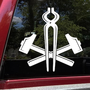 Crossed Blacksmith Hammers Vinyl Decal Pincers Tongs Pullers Forging Tools Sticker