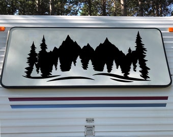 Mountain Forest Scene Vinyl Decal V11 - RV Camper Graphics - Die Cut Sticker