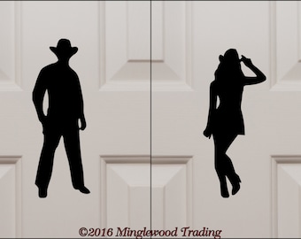 Cowboy & Cowgirl 9" tall Bathroom Door Set Vinyl Decal Stickers - Country Restroom Sign