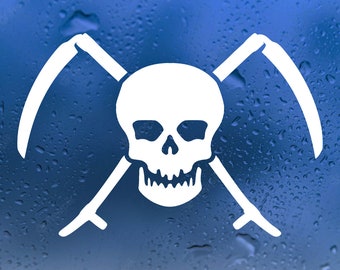 Skull With Crossed Scythes Vinyl Decal | Custom Size/color