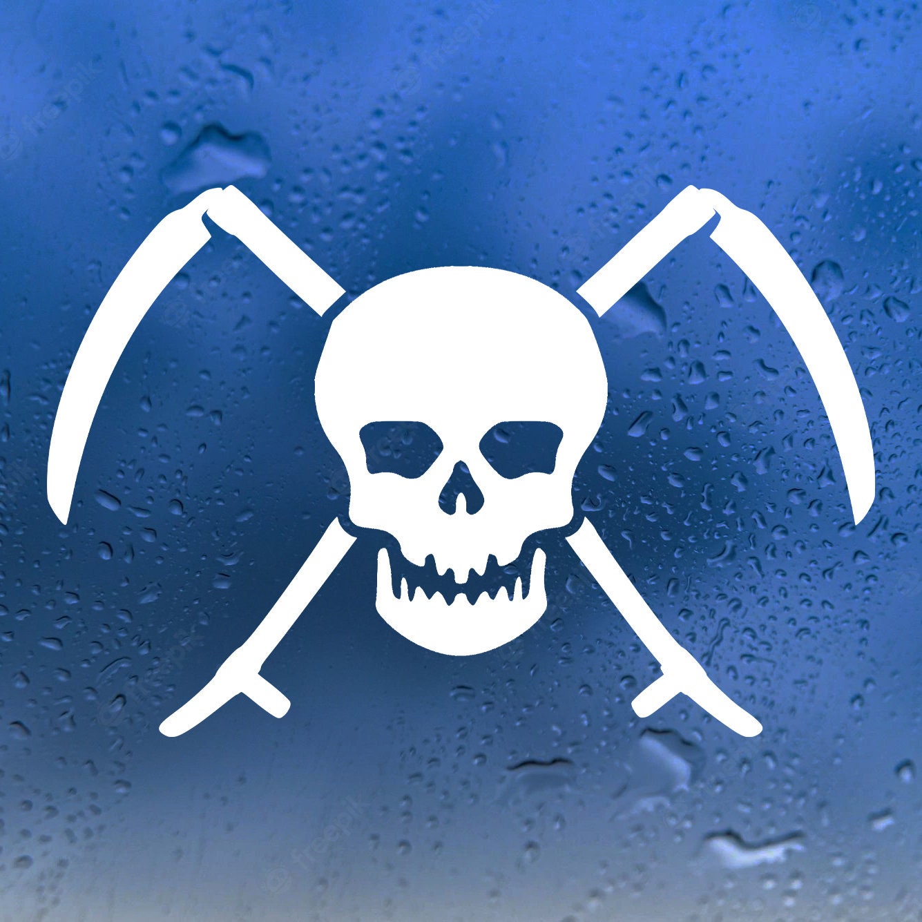 Skull With Crossed Scythes Vinyl Decal | Custom Size/color