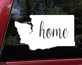 May include: White vinyl decal of the state of Washington with the word "home" in a cursive font.