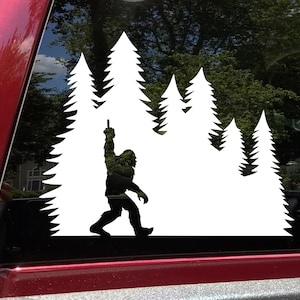 Bigfoot Middle Finger in Tree Line Vinyl Decal V3 | Sasquatch Pine Trees | Die Cut Sticker