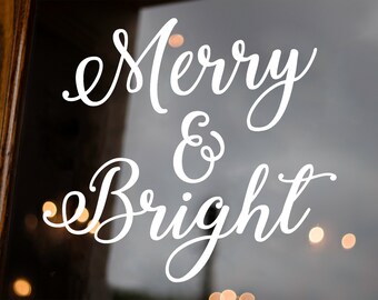 Merry & Bright Merry Christmas Sign Vinyl Decal V2 | Custom Craft Wreath Happy Holidays Door Window Wall Decoration
