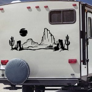 Desert Cactus Mountain Scene V11 Vinyl Decal - Sun RV Camper Graphics - Die Cut Sticker