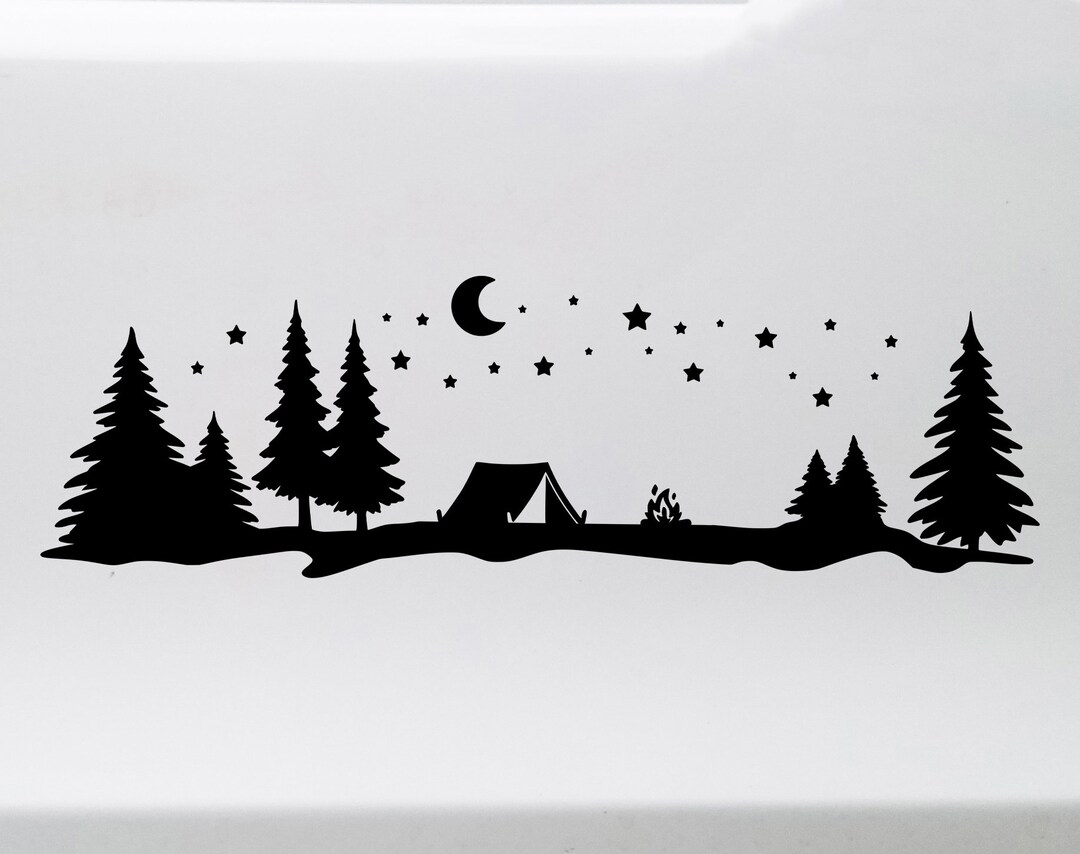 Tent Mountain Moon Stars Scene Vinyl Decal V1 - Campfire Camping Hiking ...