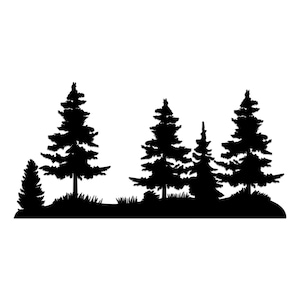 May include: A black silhouette of a forest scene featuring several evergreen trees of varying sizes. The trees are set against a white background, with grass at the base of the trees.