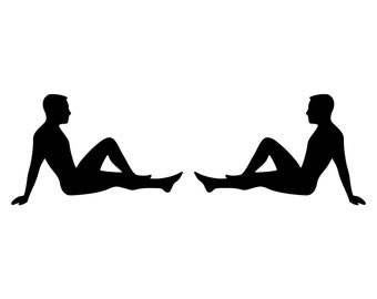 May include: Silhouette of two people sitting facing each other, with their legs crossed and their arms resting on their thighs.