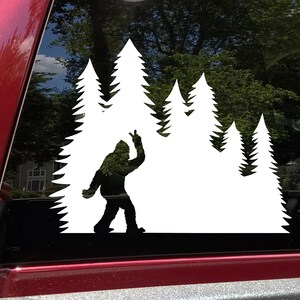 Bigfoot Peace Sign in Tree Line Vinyl Decal V1 | Sasquatch Pine Trees | Die Cut Sticker