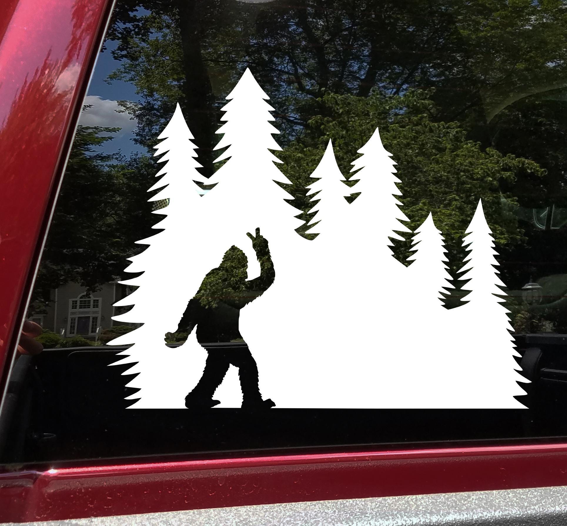 Bigfoot Peace Sign in Tree Line Vinyl Decal V1 | Sasquatch Pine Trees | Die Cut Sticker