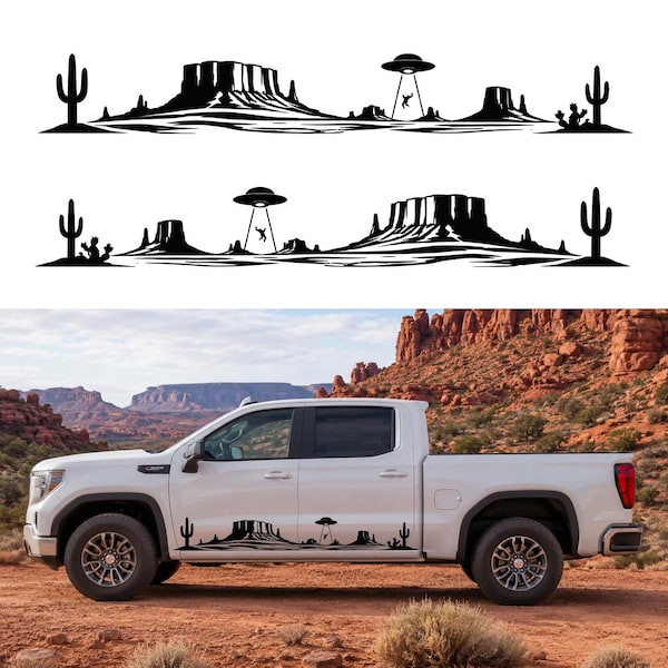 Desert UFO Abduction Pair Truck RV Camper Vinyl Decals Mesas Cactus Hood Side
