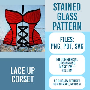Puede incluir: Un patrón digital de vidriera de un corsé rojo con bordes negros y un detalle de cordones negros en el centro. El texto dice STAINED GLASS PATTERN, FILES: PNG, PDF, SVG, LACE UP CORSET, NO COMMERCIAL UPCHARGING MAKE 'EM + SELL'EM, NO RINGSAW REQUIRED.