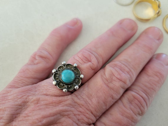 Vintage Turquoise and Silver Ring 7 Spheres 7 Scr… - image 6