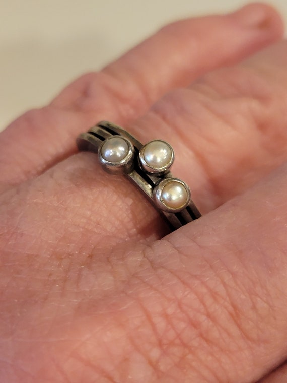 Trio of Pearl and Silver Stacking Rings Size 8 Set
