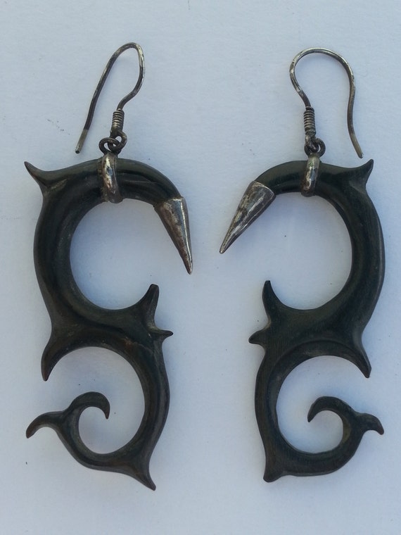Carved Horn and Silver Curvilinear Dangle Earrings