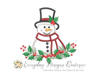 Snowman with Holly Applique Design for Machine Embroidery