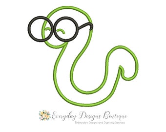 メガネのアップリケ付きスクールワーム刺繍デザイン（即時ダウンロード）