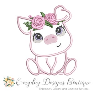 Cute Little Pig Machine Embroidery Applique Design - Little Girl Pig Applique - Pig Applique Design - Cute Pig with Flowers - Pigs Applique
