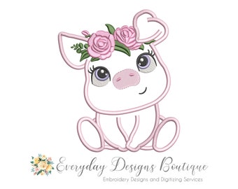 Cute Little Pig Machine Embroidery Applique Design - Little Girl Pig Applique - Pig Applique Design - Cute Pig with Flowers - Pigs Applique