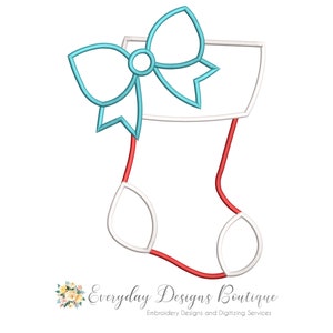May include: A white stocking with a red trim and a blue bow on top. The stocking is outlined in white.