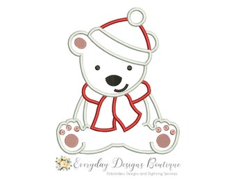 Winter Bear Applique Machine Embroidery Design - Bear Applique - White Bear Applique - Winter Fun Applique Designs - Cute Bear Designs