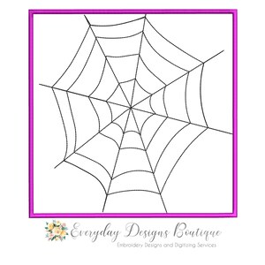 May include: Black and white line art illustration of a spider web. The web is in the shape of a circle with a central point and radiating lines.