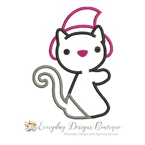 May include: A black and white outline of a cat wearing a pink witch hat. The cat has a simple, cartoon-like design with large eyes and a small smile.