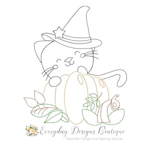 Cat with Pumpkin Machine Embroidery Vintage Design - Cat and Pumpkin - Fall Vintage Design - Cute Cate Witch Fall Design - Vintage Designs