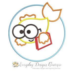 May include: A yellow fish with big eyes and glasses is holding a red book. The fish is inside a blue circle.