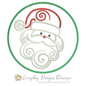 May include: A white outline of Santa Claus's face with a red hat and white beard in a green circle. The design is perfect for embroidery.
