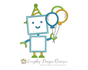 Birthday Robot Machine Embroidery Applique Design - Birthday Robot Applique - Robot Applique - Robot with Balloons Applique - Birthday Theme