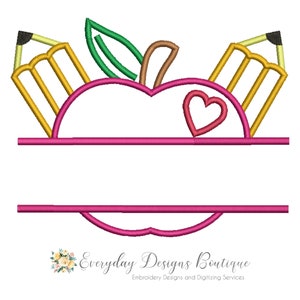 Apple and Pencil Split Machine Embroidery Applique Design - Apple Applique - Monogrammed Apple Applique - Personalized School Appliques