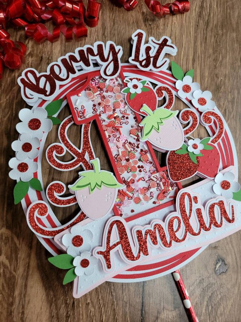 Strawberry 1st Birthday Cake Topper - Glitter & Flower Design, Fruit Theme Baby Shower Decor, Single Pick - View #10