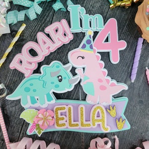 Girl Dinosaur Cake Topper - ROAR I&#39;m Four - Dinosaur Party -Girl Dinosaur Birthday