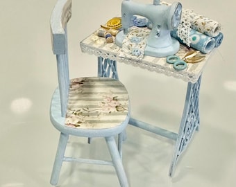 1:12 scale Dollshouse blue sewing set