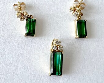 1960's 14k Gold Emerald and Diamond Earrings and Pendant Set