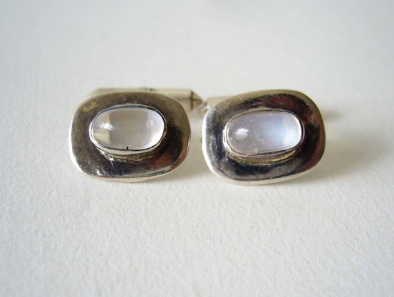 1960's Silver + Moonstone Cufflinks - image 1