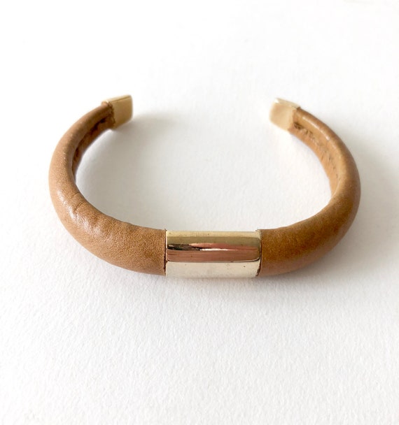 1980s Brass and Leather Modernist Cuff Bracelet - image 1